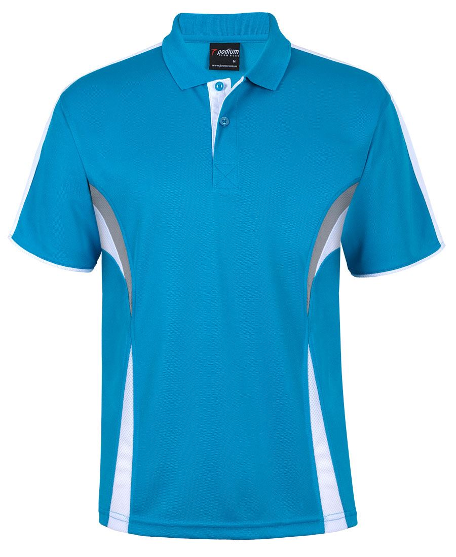 Aqua/White/Grey Podium Cool Polo with Front Print | Trident Sports Uniforms