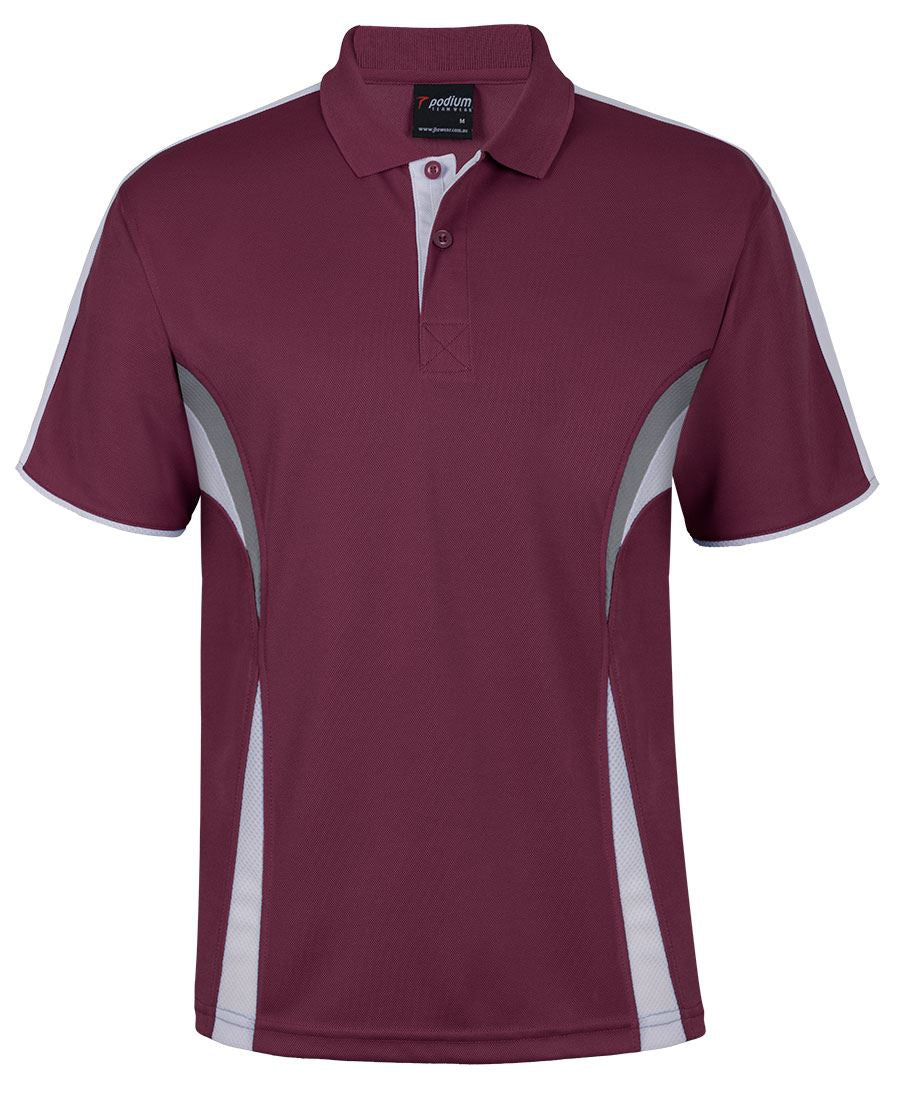 Maroon/White/Grey Podium Cool Polo with Front Print | Trident Sports Uniforms