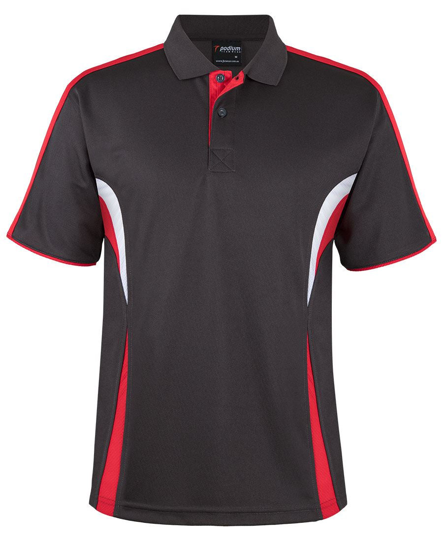 Gunmetal/Red/White Podium Cool Polo with Front Print | Trident Sports Uniforms