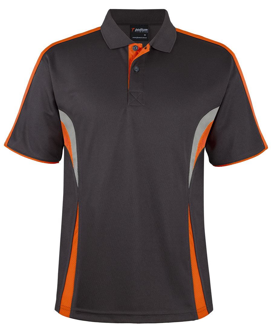 Gunmetal/Orange/Grey Podium Cool Polo with Front Print | Trident Sports Uniforms