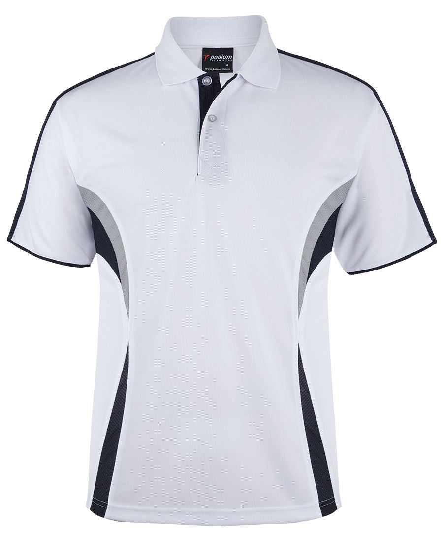 White/Navy/Grey Podium Cool Polo with Front Print | Trident Sports Uniforms
