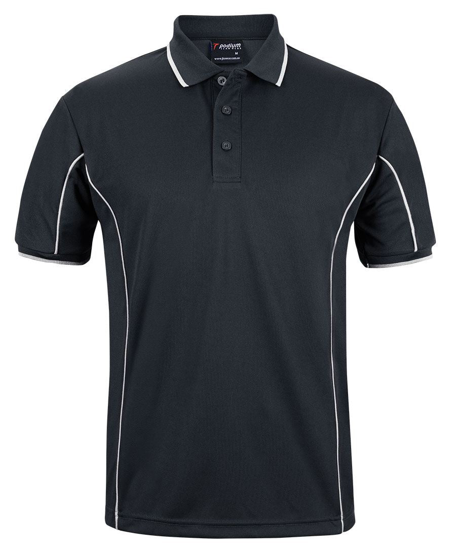 Black/White Podium S/S Piping Polo with Front Print | Trident Sports Uniforms