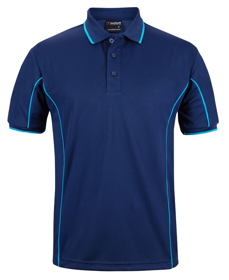 Jnr Navy/Aqua Podium S/S Piping Polo with Front Print | Trident Sports Uniforms