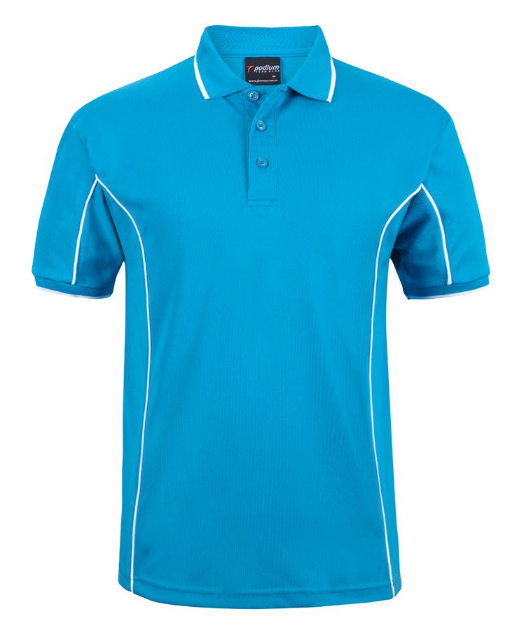 Aqua/White Podium S/S Piping Polo with Front Print | Trident Sports Uniforms