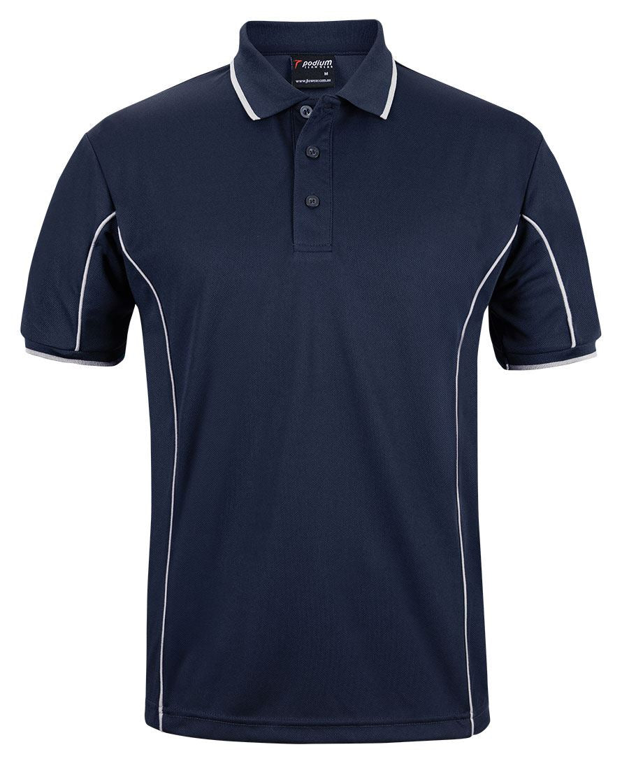 Navy/White Podium S/S Piping Polo with Front Print | Trident Sports Uniforms