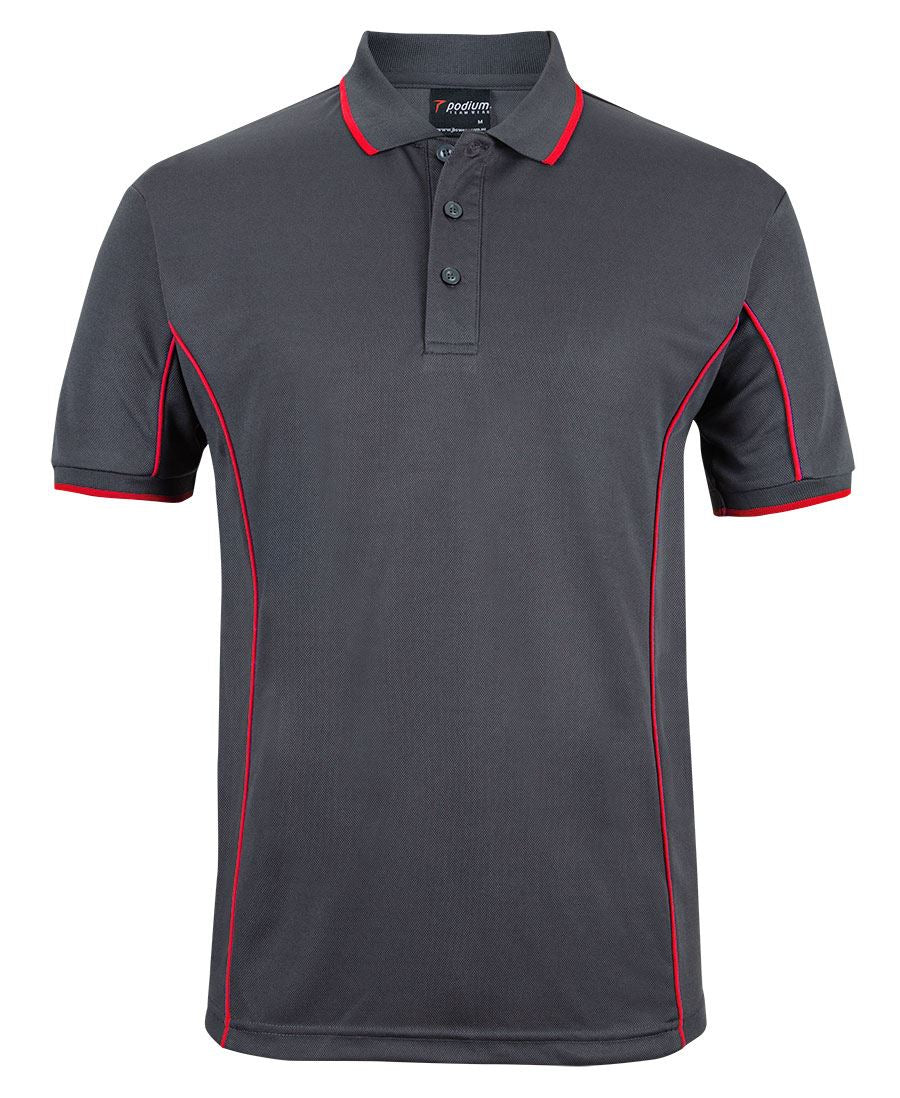 Charcoal/Red Podium S/S Piping Polo with Front Print | Trident Sports Uniforms