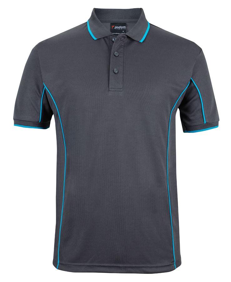 Charcoal/Aqua Podium S/S Piping Polo with Front Print | Trident Sports Uniforms