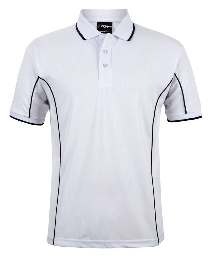 White/Navy Podium S/S Piping Polo with Front Print | Trident Sports Uniforms